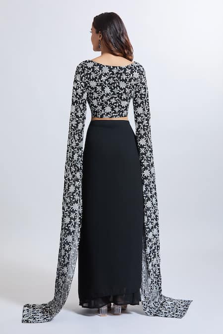 Samyukta Singhania Black Georgette Draped Skirt & Crop Top Set 