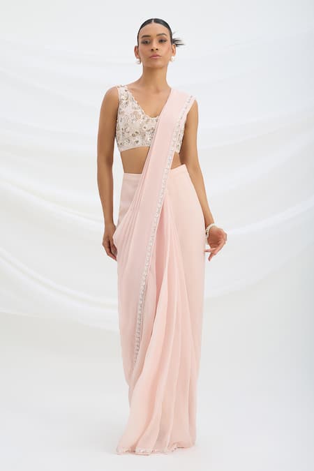Mirroir Pink Viscose, Organza, Crepe Embroidery Light Pre-draped Saree And Blouse Set 