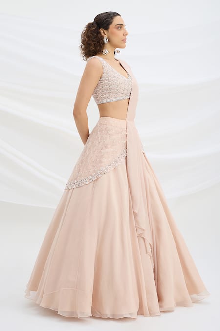Mirroir_Pink Viscose, Crepe Sequins, Embroidery Round Light Embellished Lehenga Set _at_Aza_Fashions