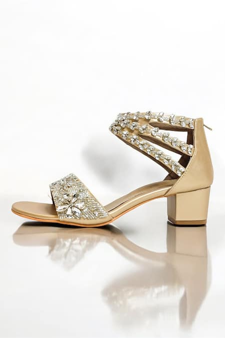 The Alter_Gold Crystals, Fabric Flowers Bella Embellished Block Heels _Online_at_Aza_Fashions