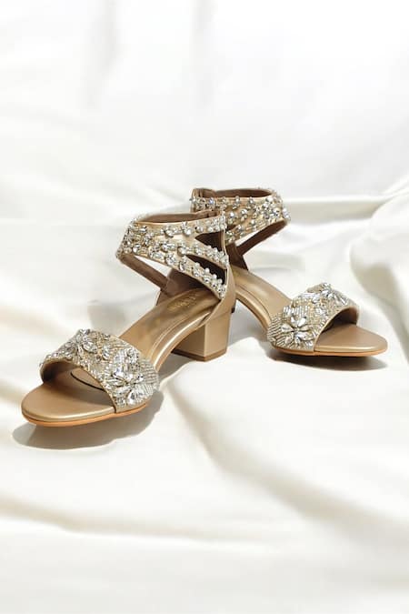 Buy_The Alter_Gold Crystals, Fabric Flowers Bella Embellished Block Heels _Online_at_Aza_Fashions