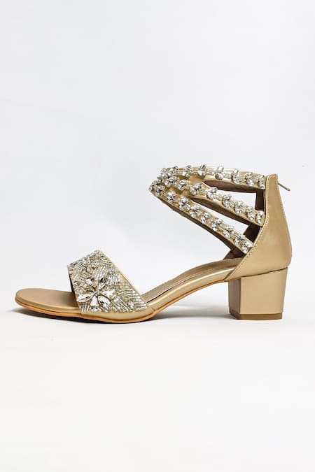 Shop_The Alter_Gold Crystals, Fabric Flowers Bella Embellished Block Heels _Online_at_Aza_Fashions