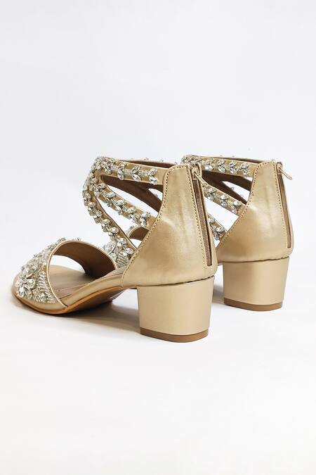 Buy_The Alter_Gold Crystals, Fabric Flowers Bella Embellished Block Heels 