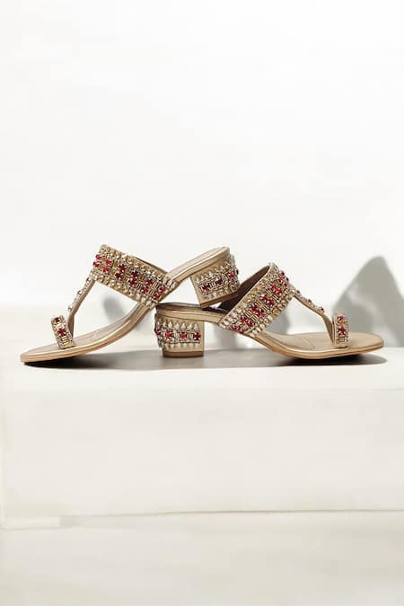 The Alter_Gold Crystals Light Embellished Block Heels _Online_at_Aza_Fashions