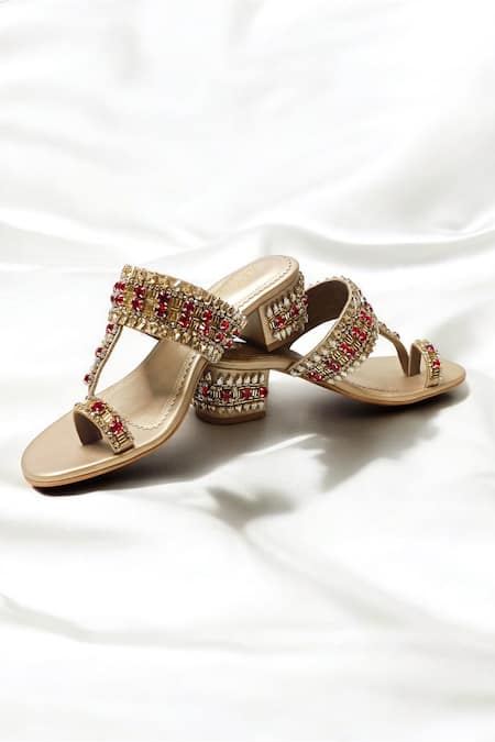 Buy_The Alter_Gold Crystals Light Embellished Block Heels _Online_at_Aza_Fashions