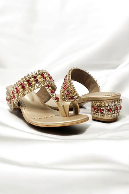 The Alter_Gold Crystals Light Embellished Block Heels _at_Aza_Fashions