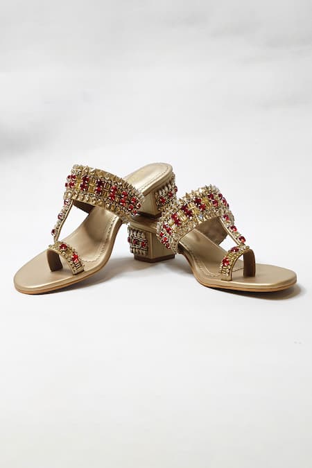 THE ALTER Gold Crystals Light Embellished Block Heels 