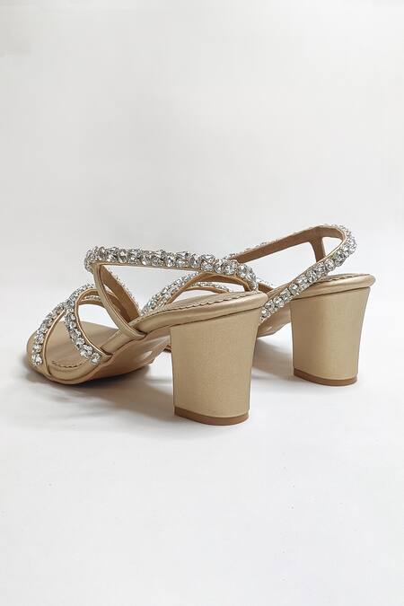 The Alter_Gold Rhinestones Embellished Block Heels _at_Aza_Fashions
