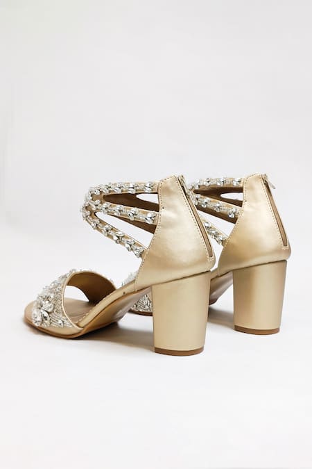 Buy_The Alter_Gold Embroidery, Crystals Bella Block Heels _Online_at_Aza_Fashions