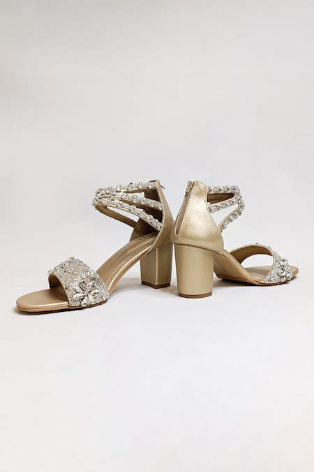 Shop_The Alter_Gold Embroidery, Crystals Bella Block Heels _Online_at_Aza_Fashions