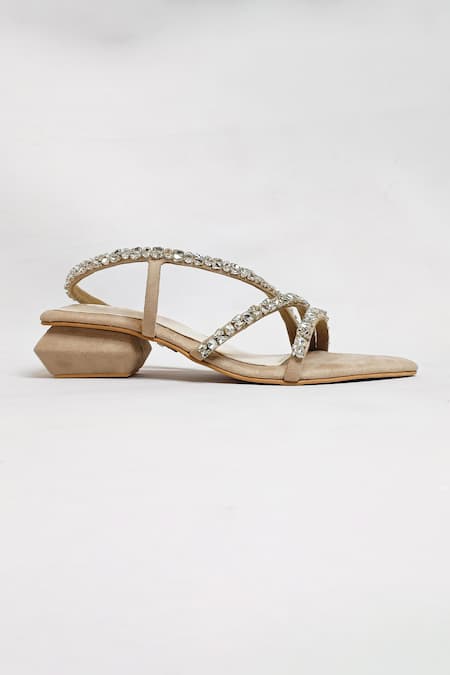 The Alter_Beige Rhinestones Kiara Embellished Block Heels _Online_at_Aza_Fashions