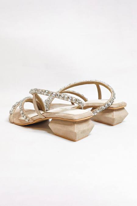 The Alter_Beige Rhinestones Kiara Embellished Block Heels _at_Aza_Fashions