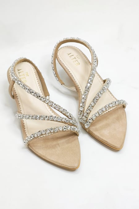 The Alter Kiara Beige Embellished Block Heels 