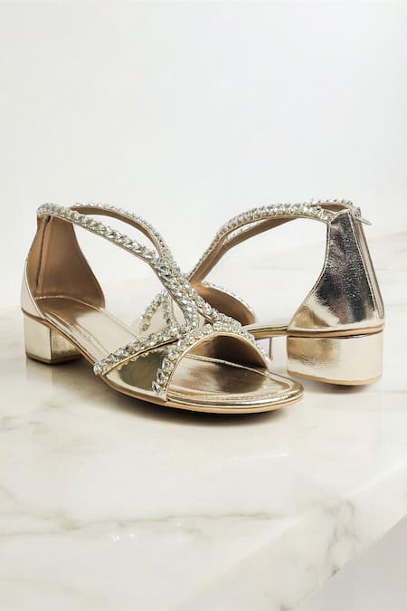Buy_The Alter_Gold Rhinestones Angela Embellished Block Heels _Online_at_Aza_Fashions