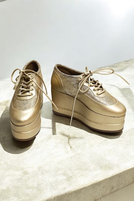 Buy_The Alter_Gold Metallic Shimmer Platform Sneakers 