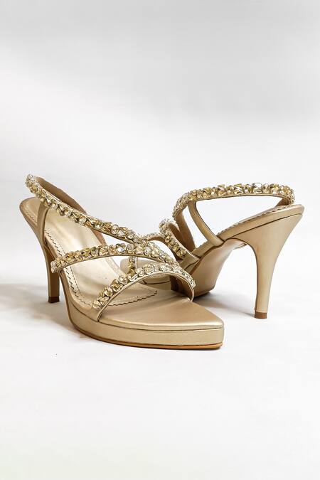 Buy_The Alter_Gold Rhinestones Embellished Light Platform Stilettos _Online_at_Aza_Fashions