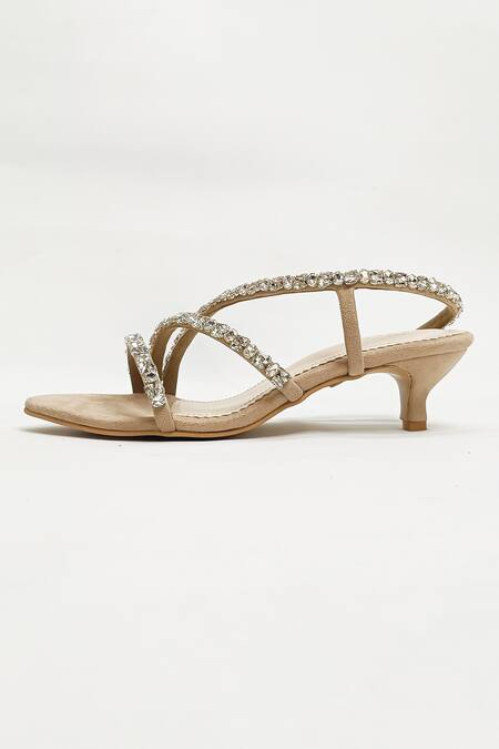 The Alter_Beige Rhinestones Embellished Kitten Heels _Online_at_Aza_Fashions
