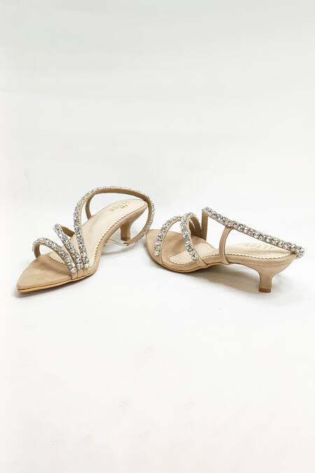 The Alter_Beige Rhinestones Embellished Kitten Heels _at_Aza_Fashions