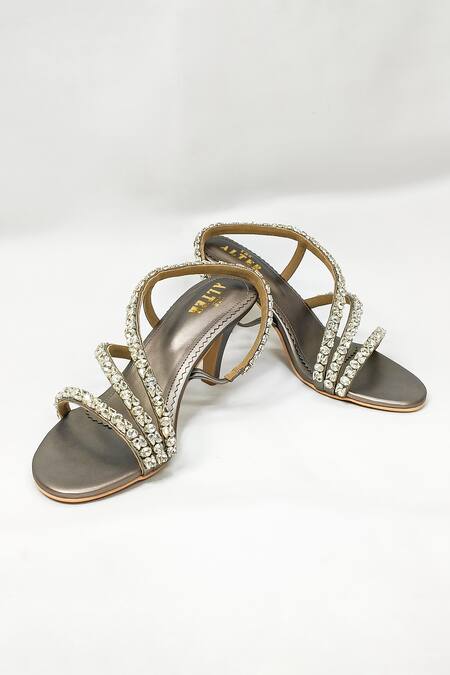 Buy_The Alter_Silver Rhinestones Gunmetal Embellished Stilettos _Online_at_Aza_Fashions