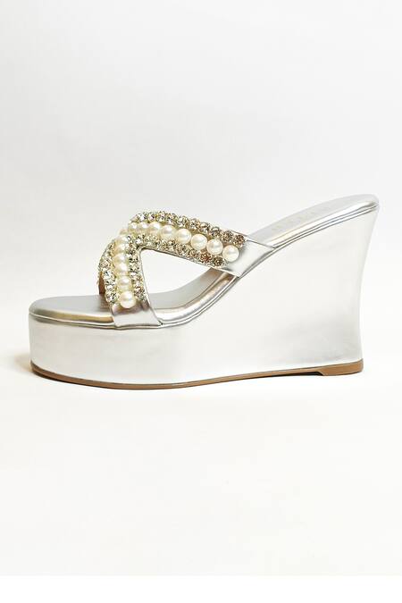 Buy_The Alter_Silver Pearls, Rhinestones Embellished Criss Cross Wedges _Online_at_Aza_Fashions
