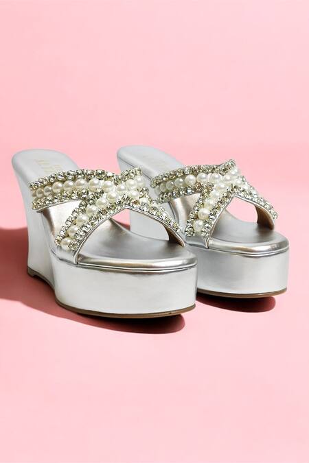 Shop_The Alter_Silver Pearls, Rhinestones Embellished Criss Cross Wedges _Online_at_Aza_Fashions