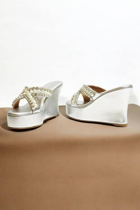 The Alter_Silver Pearls, Rhinestones Embellished Criss Cross Wedges _at_Aza_Fashions
