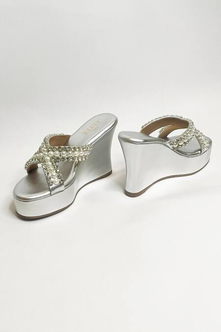Buy_The Alter_Silver Pearls, Rhinestones Embellished Criss Cross Wedges 