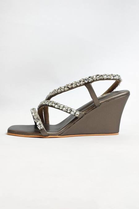 The Alter_Gray Rhinestones Gunmetal Embellished Wedges _Online_at_Aza_Fashions