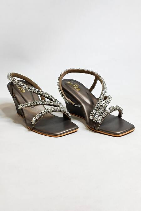 Buy_The Alter_Gray Rhinestones Gunmetal Embellished Wedges _Online_at_Aza_Fashions