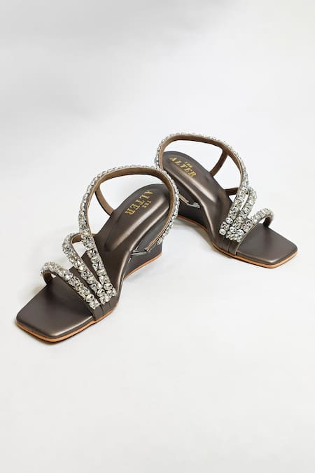 Shop_The Alter_Gray Rhinestones Gunmetal Embellished Wedges _Online_at_Aza_Fashions