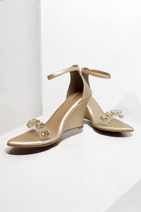 The Alter_Gold Crystals Embellished Clear Strap Wedges _Online_at_Aza_Fashions
