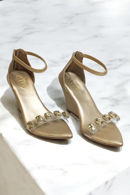 THE ALTER Gold Crystals Embellished Clear Strap Wedges 