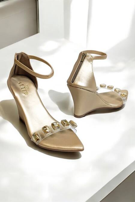 Shop_The Alter_Gold Crystals Embellished Clear Strap Wedges _Online_at_Aza_Fashions