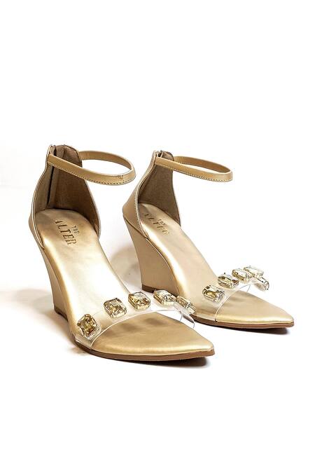 The Alter_Gold Crystals Embellished Clear Strap Wedges _at_Aza_Fashions