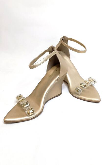 Buy_The Alter_Gold Crystals Embellished Clear Strap Wedges 