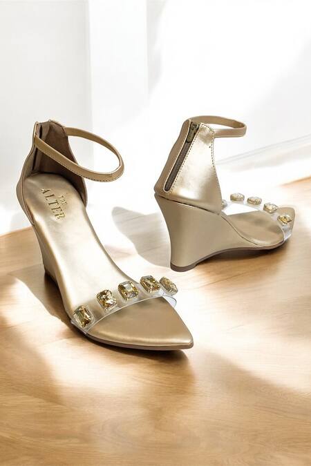 Shop_The Alter_Gold Crystals Embellished Clear Strap Wedges 