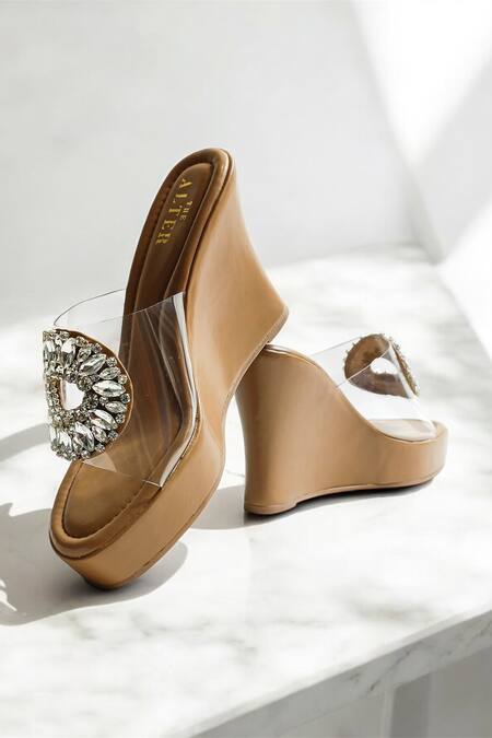Buy_The Alter_Beige Rhinestones Open Toe Embellished Wedges _Online_at_Aza_Fashions