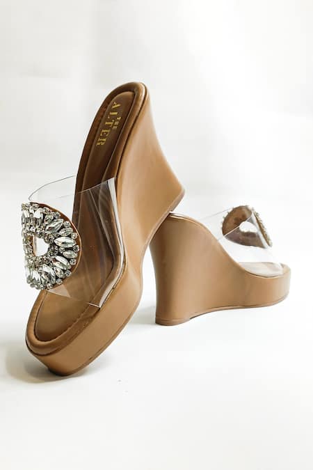 Buy_The Alter_Beige Rhinestones Open Toe Embellished Wedges 
