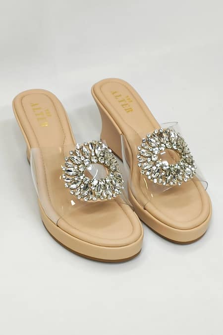 THE ALTER Beige Rhinestones Clear Embellished Wedges 