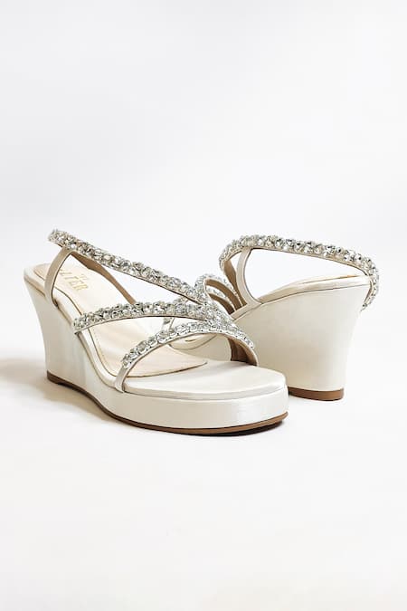 The Alter_Off White Rhinestones Embellished Satin Wedges _Online_at_Aza_Fashions