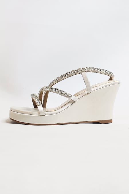 Buy_The Alter_Off White Rhinestones Embellished Satin Wedges _Online_at_Aza_Fashions