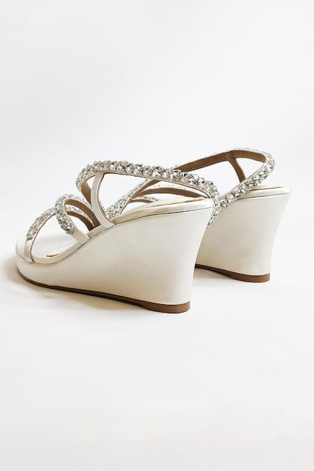 Shop_The Alter_Off White Rhinestones Embellished Satin Wedges _Online_at_Aza_Fashions