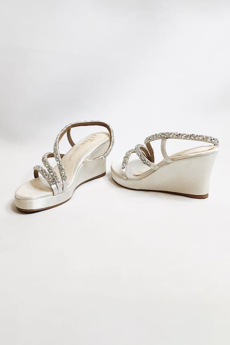 The Alter_Off White Rhinestones Embellished Satin Wedges _at_Aza_Fashions