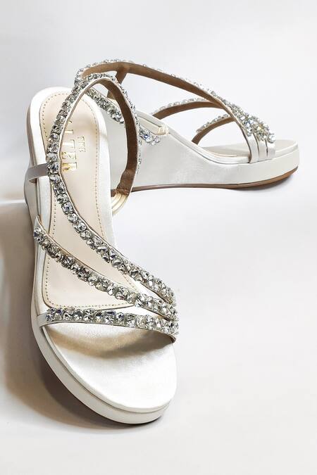Shop_The Alter_Off White Rhinestones Embellished Satin Wedges 