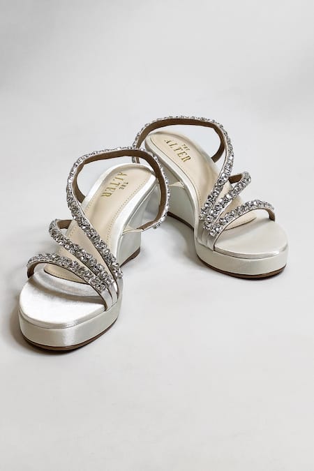 THE ALTER Off White Rhinestones Embellished Satin Wedges 