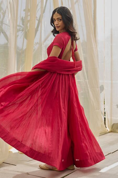 Rhua_Red Chanderi Embroidery V-neck Anarkali Set _Online_at_Aza_Fashions