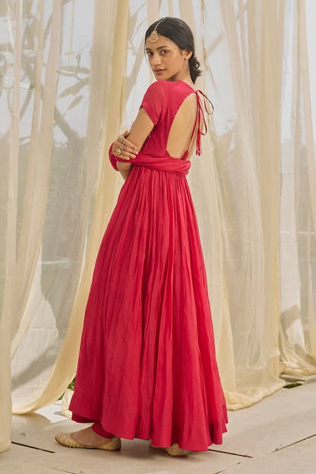 Shop_Rhua_Red Chanderi Embroidery V-neck Anarkali Set _at_Aza_Fashions