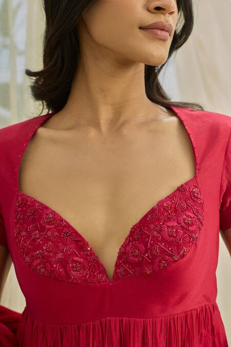 Rhua_Red Chanderi Embroidery V-neck Anarkali Set _at_Aza_Fashions