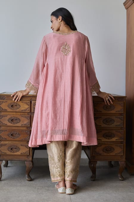 Rhua Soft Pink Crushed Chanderi Anarkali Set 