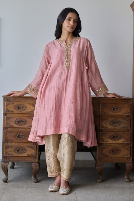 Buy_Rhua_Pink Chanderi, Tissue Embroidery Split V-neck Soft Crushed Anarkali Set _Online_at_Aza_Fashions